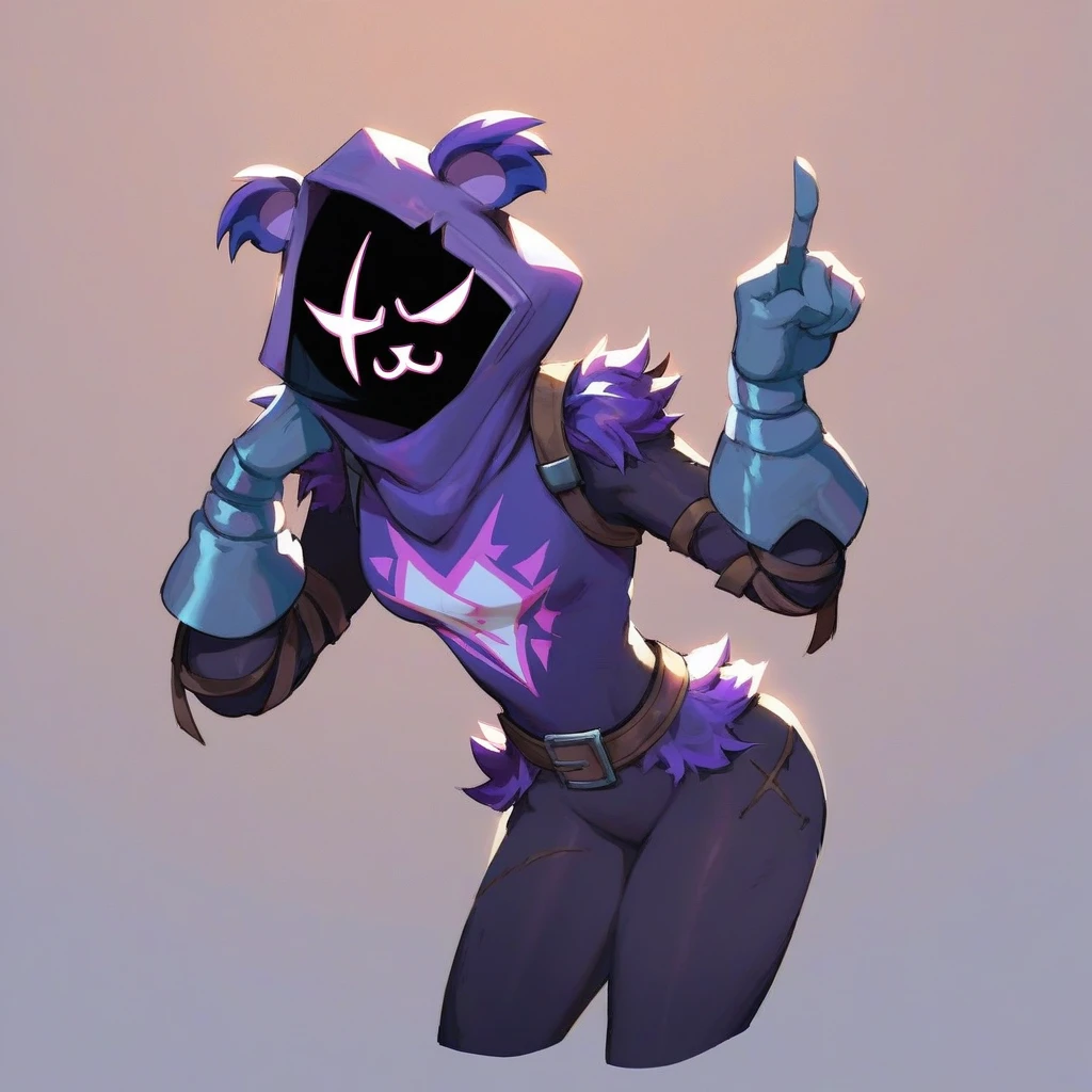 Raven team leader,purple hoodie, with no face, shadowed face, animal ears,purple skin, scar on eye, body skin, purple fur, waist belt, torso symbol, metal gloves, pointing your ass at the viewer, leaning forward, pushing, she closes her eyes, hands resting on top of a small wall, her with her eyes closed, hands are not in the air, expression of force, clear and blue day