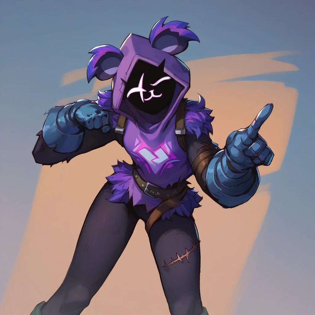 Raven team leader,purple hoodie, with no face, shadowed face, animal ears,purple skin, scar on eye, body skin, purple fur, waist belt, torso symbol, metal gloves, pointing your ass at the viewer, leaning forward, pushing, she closes her eyes, hands resting on top of a small wall, her with her eyes closed, hands are not in the air, expression of force, clear and blue day