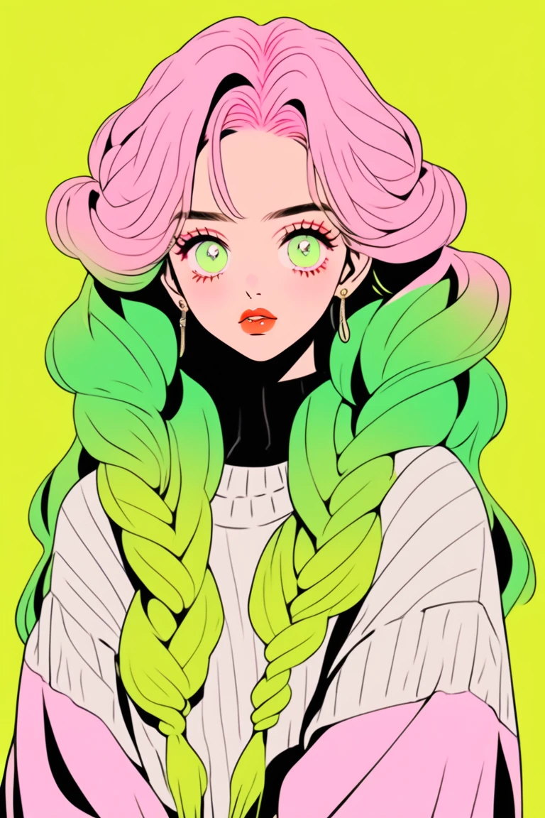 (Highest quality, sketch:1.2),Realistic,Illustrator,anime,1 Girl, Detailed lips,sweater,custom,Pink gradient background,Neon Hair,Texture Cropping,masterpiece, Style: Retro Classic, Dark Black、Braid、Eyes are yellow-green、Pink and yellow-green gradient hair color 