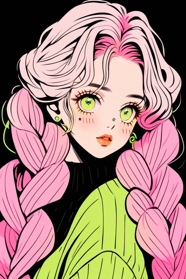 (Highest quality, sketch:1.2),Realistic,Illustrator,anime,1 Girl, Detailed lips,sweater,custom,Pink gradient background,Neon Hair,Texture Cropping,masterpiece, Style: Retro Classic, Dark Black、Braid、Eyes are yellow-green、Pink and yellow-green gradient hair color 