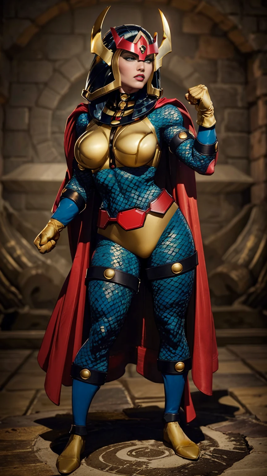((full body photo, standing, on the ground))(ultra realistic,32k, masterpiece:1.2),(high detailed skin:1.1),( high quality:1.1),
CARTOON_DC_big_barda_ownwaifu, (evil:1.1)solo, breasts, makeup, lipstick, lips, blue eyes, black hair, curvy, toned, cape, helmet, armor, red cape, gloves, superhero, bodysuit, fishnets, yellow gloves, fishnet bodysuit, shoulder armor, belt, breastplate, gold armor, horns,(blank background:1.2) blurry background,fighting pose, huge breast,large breast,(refraction:1.1),