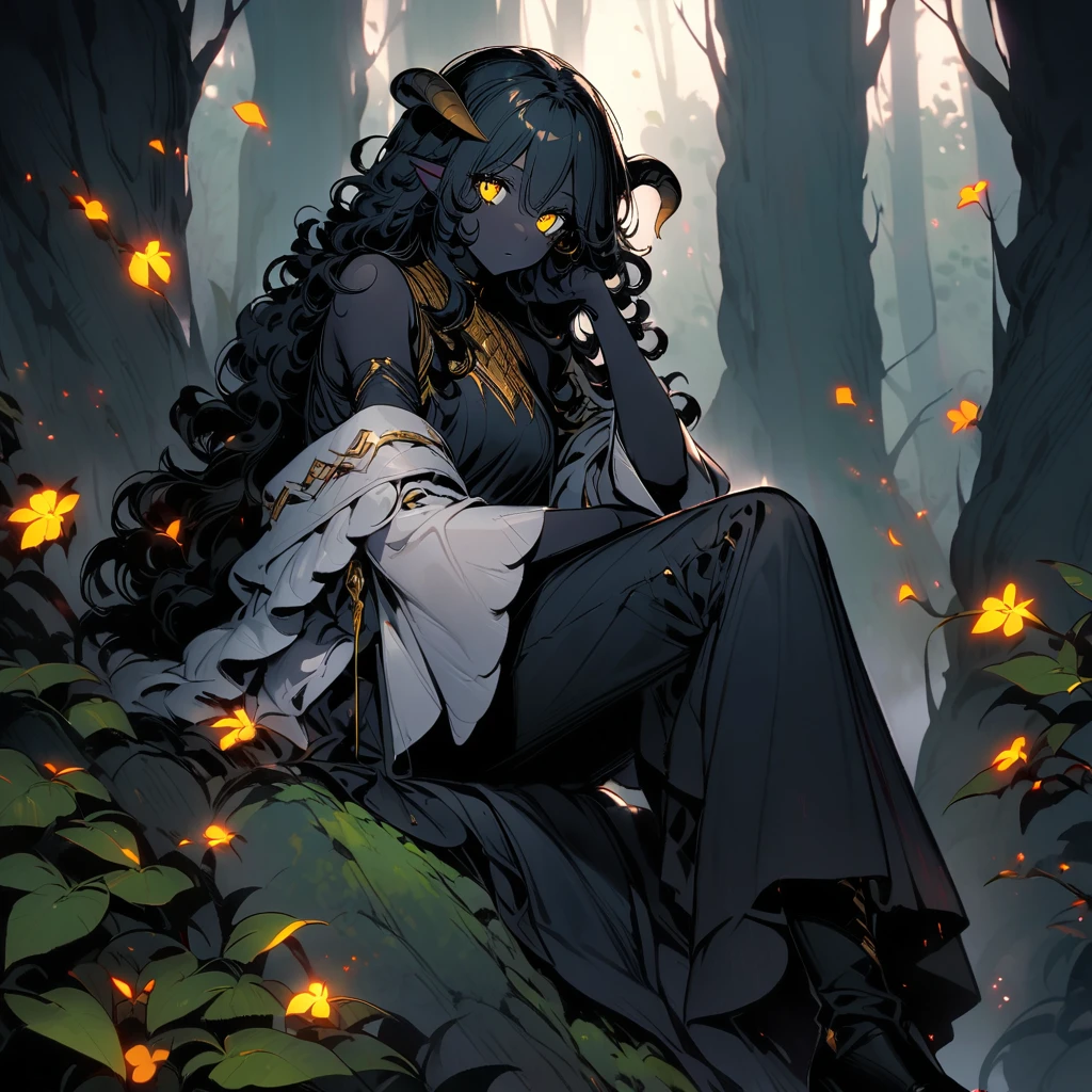 woman, black skin, sheep's tail, ears and horns, curly hair down to her black shoulders, yellow eyes, loose black shirt, white jacket with black details, black pants, black boots.
 sitting on a rock in a forest
