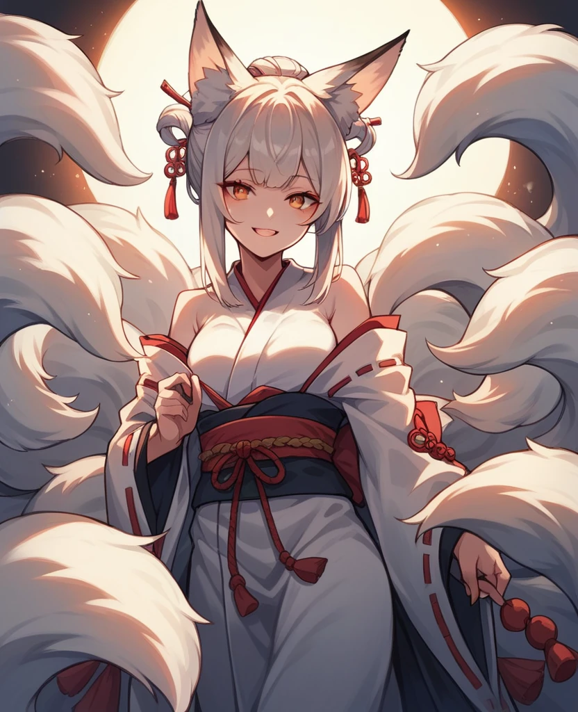 Anime girl, kitsune features, robes, nine tails, fox ears, playful smile and eyes