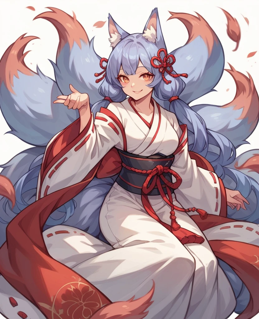 Anime girl, kitsune features, robes, nine tails, fox ears, playful smile and eyes
