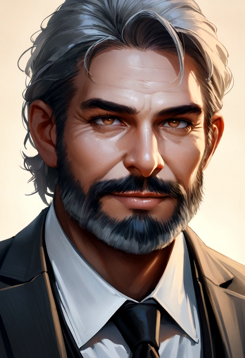 realistic portrait of middle-aged business proffesional, 110 pounds weight, proffesionally dressed in a suit and tie, high qualiy, higher resolution, looking directly at the camera, proffesional, beautiful, slightly brownish detailed eyes, beautiful detailed lips, short beard, short gray hair, gentle expression, warm smile, distinctive appearance, adequate lighting, simple background