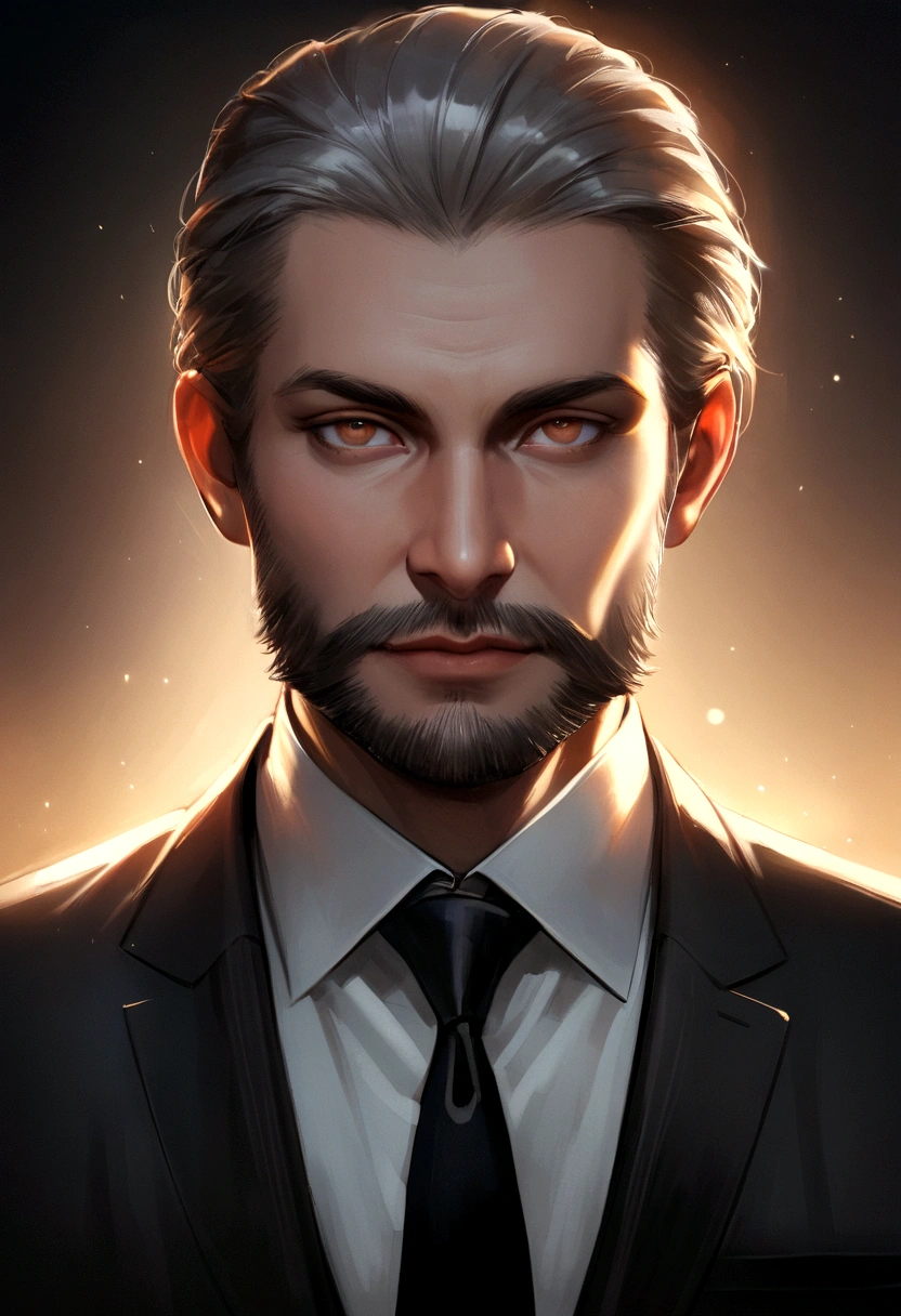 realistic portrait of middle-aged business proffesional, 110 pounds weight, proffesionally dressed in a suit and tie, high qualiy, higher resolution, looking directly at the camera, proffesional, beautiful, slightly brownish detailed eyes, beautiful detailed lips, short beard, short gray hair, gentle expression, warm smile, distinctive appearance, adequate lighting, simple background