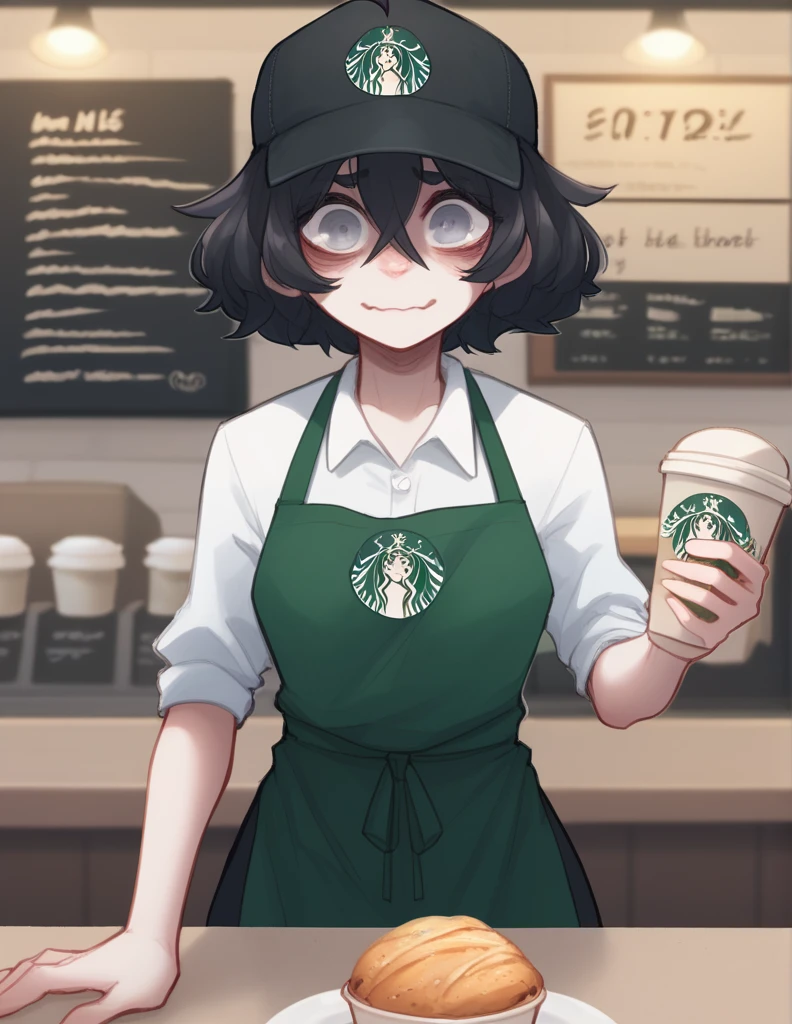 1 girl, alone, ppka, black fur, short hair, messy fur, Ahoge, parts, parts por todo el cuerpo, grey eyes, blind eyes, kind eyes, nervous, Happy looking at viewer,
Cafeteria, Starbucks, Counter, detras del Counter,
A white blouse, black cap, green apron, (uniforme de Starbucks) (Starbucks)
Writing in a cafe, talking to the viewer, asking for order