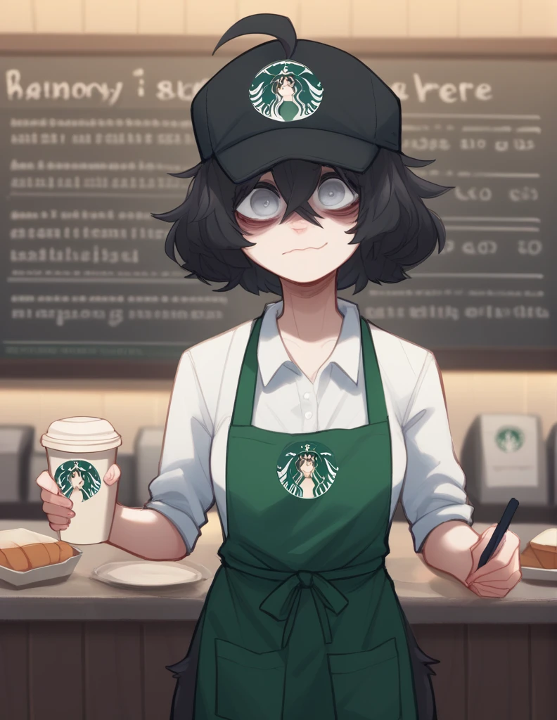 1 girl, alone, ppka, black fur, short hair, messy fur, Ahoge, parts, parts por todo el cuerpo, grey eyes, blind eyes, kind eyes, nervous, Happy looking at viewer,
Cafeteria, Starbucks, Counter, detras del Counter,
A white blouse, black cap, green apron, (uniforme de Starbucks) (Starbucks)
Writing in a cafe, talking to the viewer, asking for order