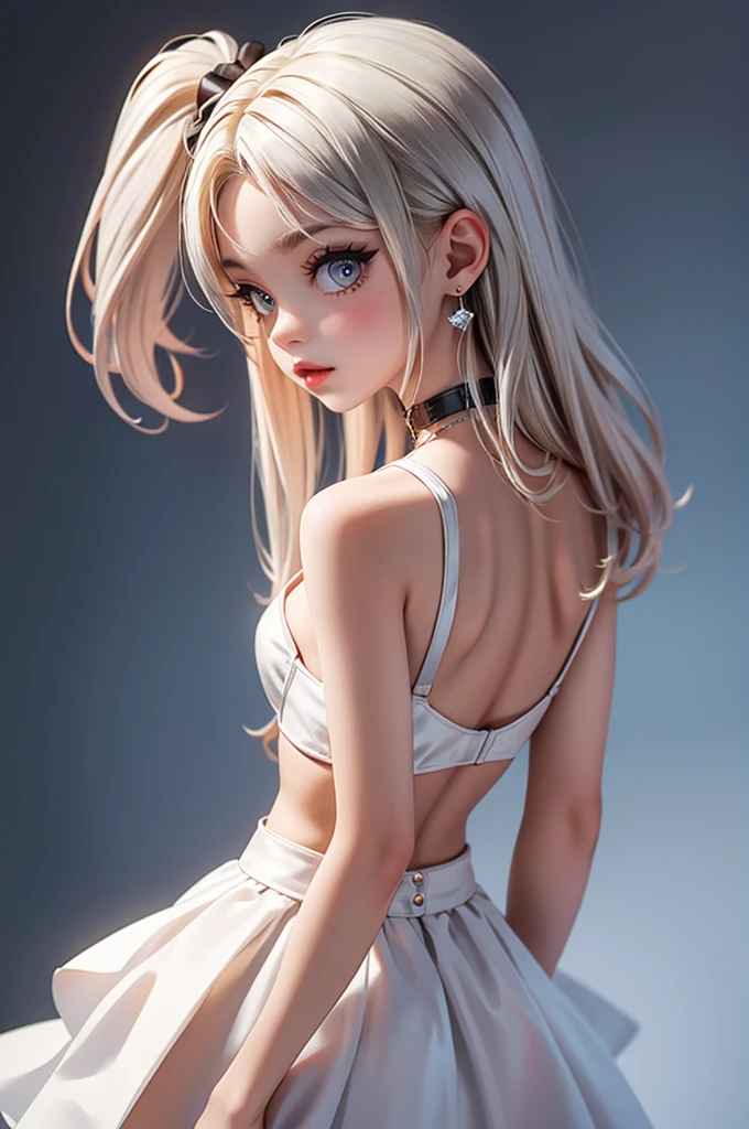 (view from behind) (view from above) hyperrealistic 14 year old american , blonde, perfect tiny body, sexy, dark makeup, small choker, perfect slim face, big red lips, very cute face, tiny body, big eyes, young looking, childish looking, big earrings, silver party top, silver party skirt, showing ass
