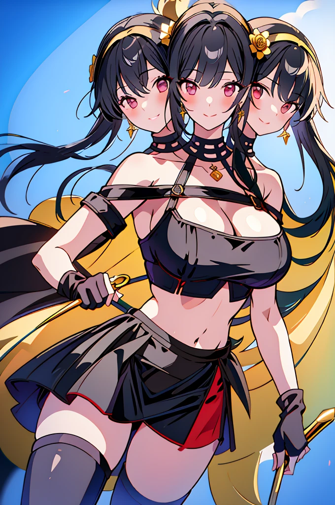 (masterpiece, best quality), best resolution, (3heads:1.5), 1girl, yor briar cosplay, bare shoulders, black crop top, black skirt, black gloves, black hair, blood, blood on face, blood on weapon, breasts, miniskirt, earrings, fingerless gloves, floating hair, gloves, gold earrings, gold hairband, hair flower, hair ornament, hairband, holding, holding weapon, jewelry, long hair, looking at viewer, off-shoulder dresscrop topent smile, convention center parking lot, cowboy shot, huge tits, open belly, exposed midriff