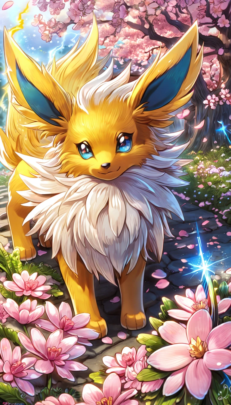 absurdres, highres, ultra detailed, HDR, master piece, Jolteon, Pokemon, extremely cute, best quality, blossoms, pink petals, pink flowers, fantasy, magical, solo, yellow lightning, blue shining fireflies