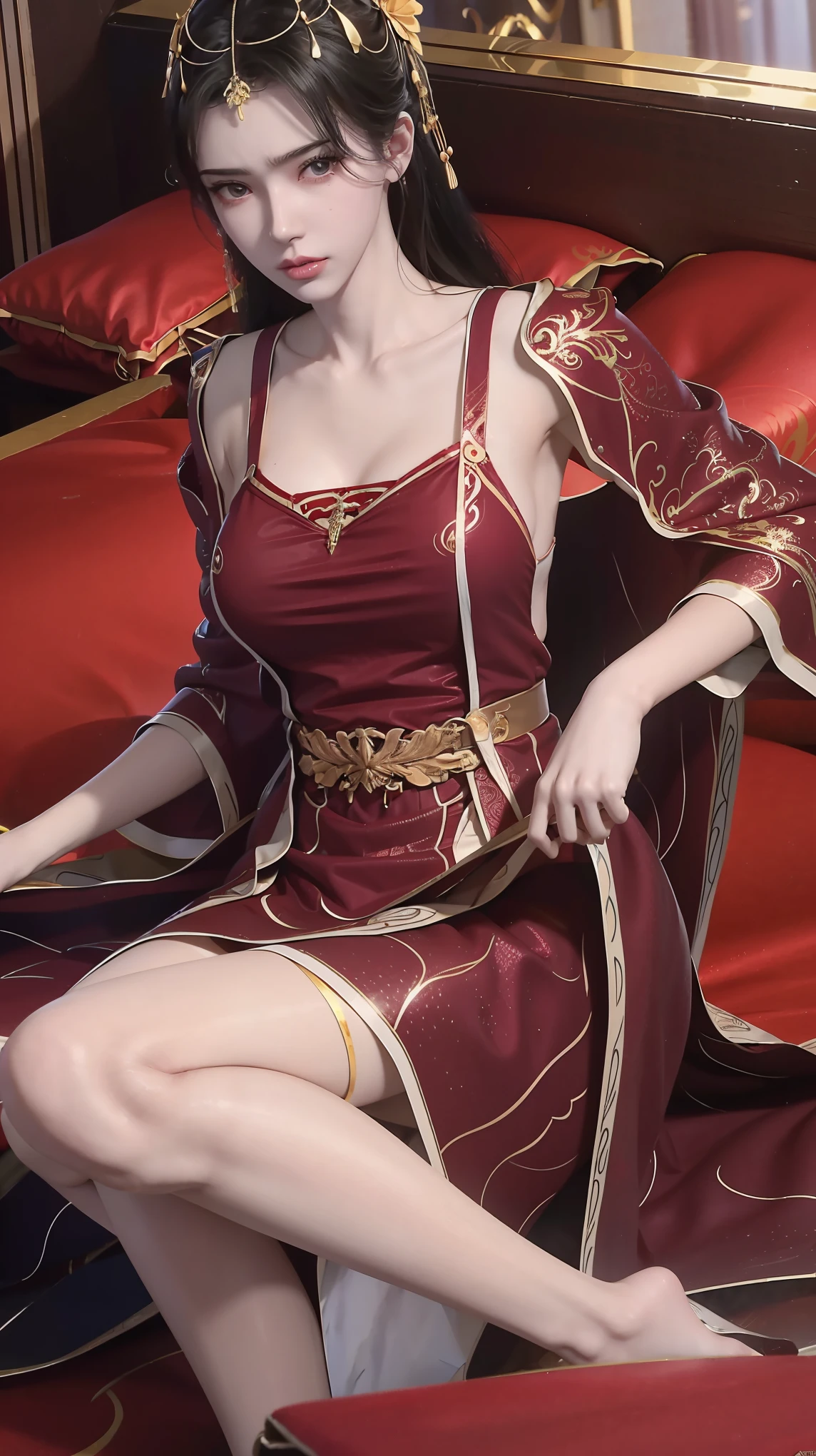 一个女孩Lying in bed，Dressed in suspender pajamas，Face up，Raise your legs slightly，Front view super detailed beautiful big breasted girl 16 years old. Ultra HD, 4K, 8K, Movie，whole body，Lying down，Long legs，Very big breasts，whole body捕捉，（（（Lying in bed））），（（（whole bodyLying in bed））），big bed，Off-shoulder，Shoulder-length skirt，Lying in bed，Sleeping on the pillow，Lying down，Headrest pillows，（（（平Lying in bed））），whole body平Lying in bed