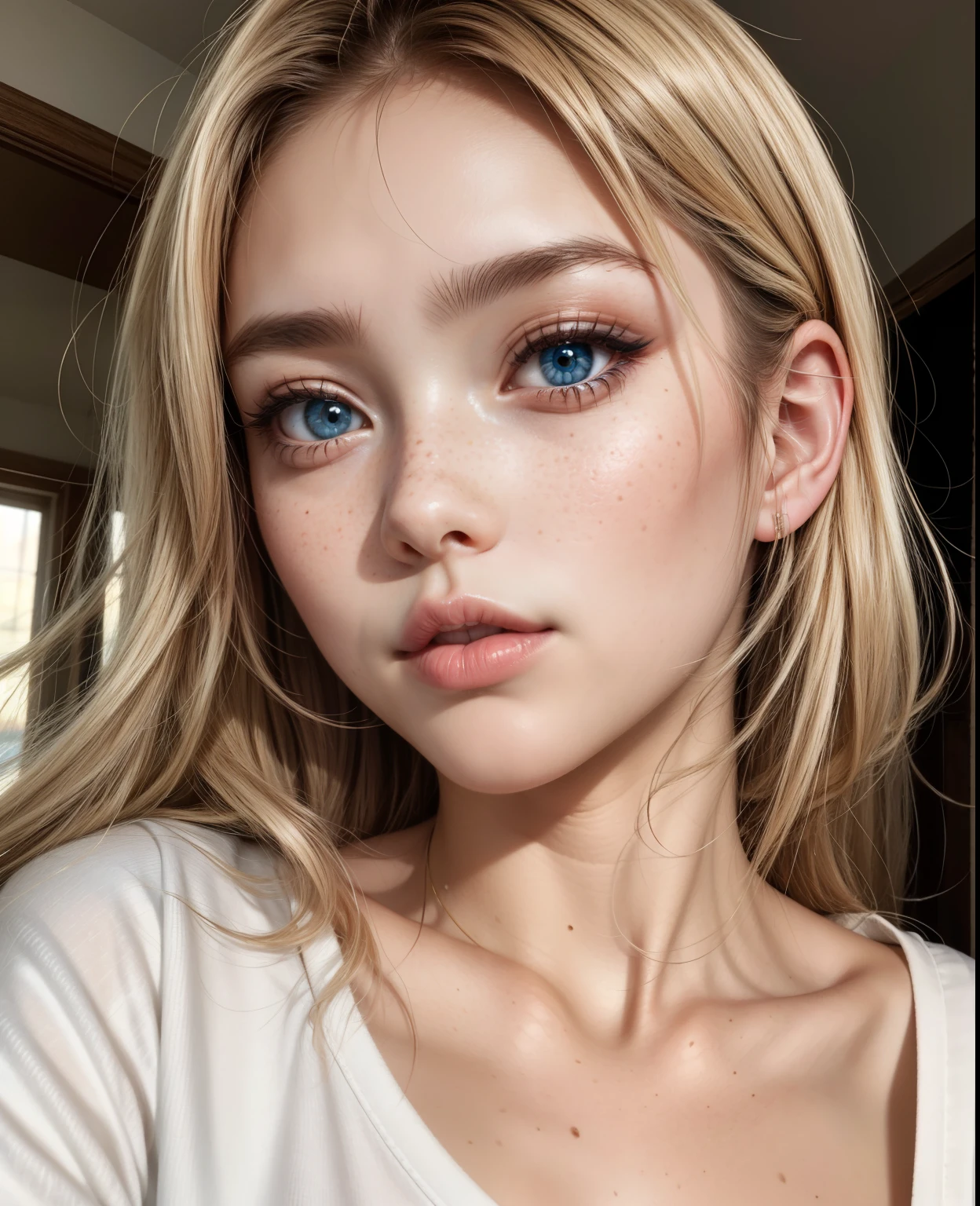soft girl with blue eyes and freckles