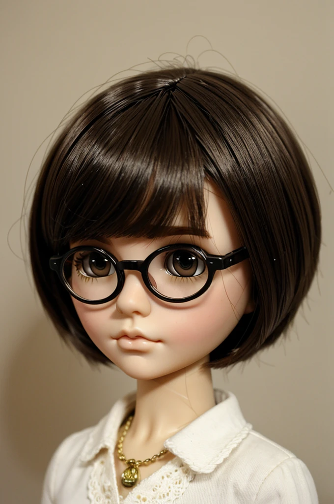 A blythe doll with short hair glasses without bangs