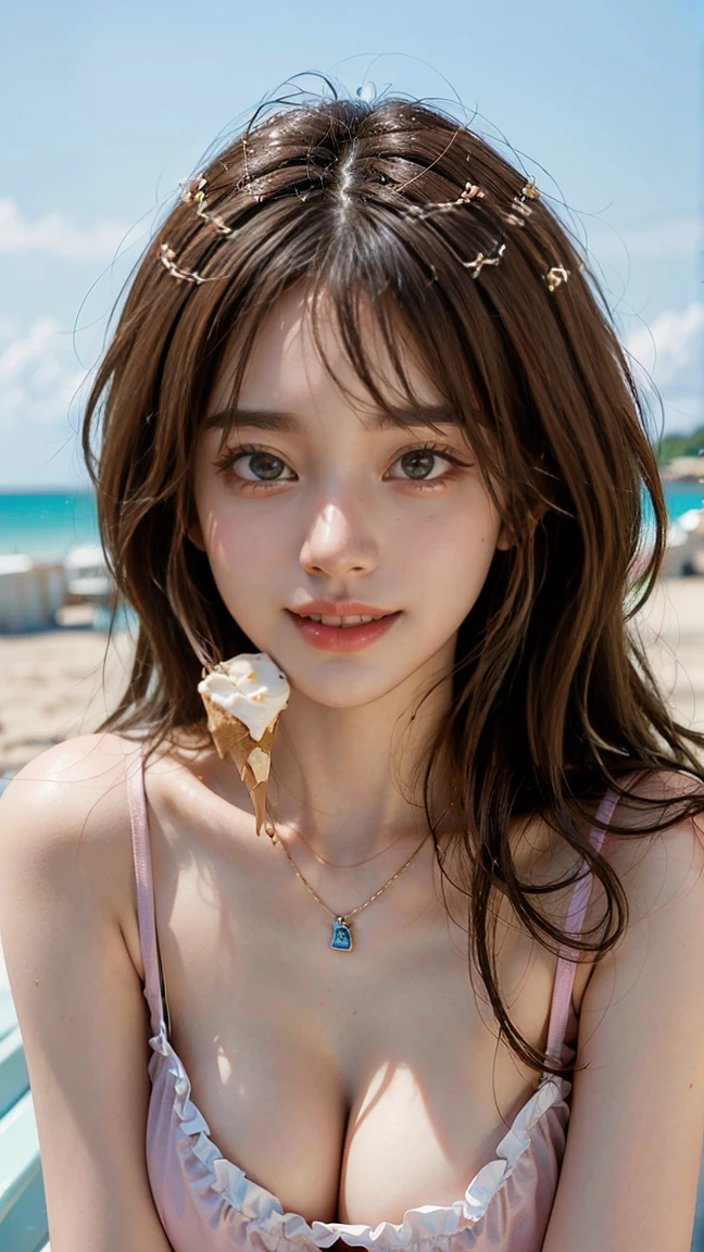 (masterpiece, Highest quality:1.3), (Super detailed:1.2), (hyperRealistic:1.3), (RAW Photos:1.2),High-definition RAW color photos, Professional photos, (PhotoRealistic:1.4), (Realistic:1.4), ,Professional Lighting, (Japanese), Beautiful Face, (Realistic face), Cute Woman, (Brown Hair, Big Breasts:1.5), (Bright smile:1.5), Trending Hair&Trending Hairカラーをランダムに, Earrings, necklace, bracelet, Sexy, erotic Sexy, Random sexy gravure poses, (A woman in a pink summer dress、She is smiling happily and posing sexy while eating ice cream at a beach cafe.。Brown Hairのウェーブヘアが風に揺れている。:1.3)