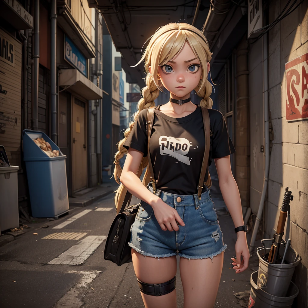 girl similar to gorillaz noodles,  braided blonde hair, ((anime girl nose)), holding a shotgun, black t-shirt, brown suspenders, denim shorts, taking shelter in the city's sewer, rats and trash are part of the cyberpunk scene, theme and city.