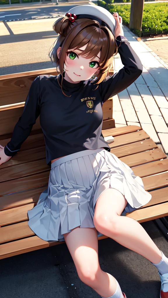 masterpiece, best quality, highres, kinomoto sakura, 1girl, brown hair, short hair, antenna hair, two side up, hair bobbles, green eyes, , white sailor collar, black shirt, long sleeves, white skirt, pleated skirt, sitting, eating, outdoors, bench, food, leaf, (masterpiece, best quality: 1.2),(very detailed face, real image, realistic skin, realistic body, intricate details),1 woman, Kinomoto Sakura, brown hair, alone, skirt, green eyes, Short hair, have, white skirt, white hat, Magic Girl, Antenna hair, laugh, serafuku, pleated skirt, dehisce, looking at viewer, cowboy shot, long sleeves, star (symbol), muffler, lie down in bed with both arms extended above the head and placed behind the pillow, anime girl lying down, expose plump breasts, whole body, plump thighs, Natural Pose, beautifully, cute, Fix errors without any awkwardness, tall, I have long legs, Wearing (tomoeda_초등school_school_Uniform),black top, tennis mini skirt,cry in shame, wearing white ankle socks, random sexy poses