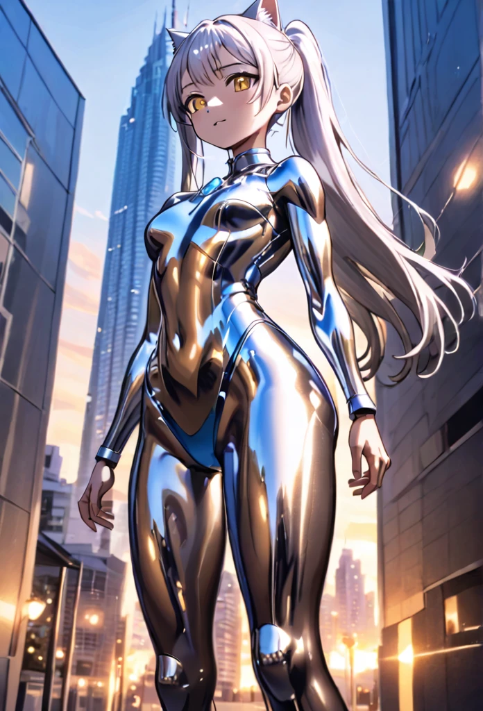 1girl, solo, anime style, 4k quality, masterpiece, best quality, ultra series, sword art online, ****ta, cat girl, yui, long hair, blunt bangs, white hair, very long hair, high ponytail, cat ears, cat tail, barefoot, ultragirl, robot, colored skin, glowing eyes, yellow eyes, flat chest, giantess, giant, metallic face, metallic skin, shiny skin, chrome skin, gem on chest, colour timer on chest, chest jewel, blue jewel, muscular, abs, muscular female, Female Bodybuilding Style, alternate muscle size, muscle, flexing pose, standing, looking at viewer, full body, from behind, back, smile face, open mouth, upper teeth only, round teeth, standing, giantess, outdoor, city, citycape, skyscraper