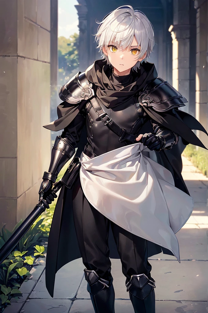 (masterpiece; best quality: 1.2), (finely detailed eyes: 1.3), ((1 male young kid)), ((solo)), (yellow eyes: 1.4), (adorable; short, slender: 1.3), (short white hair: 1.3), (beautiful and clear background: 1.2), ((depth of field)), (clothes: silver armor + black turtleneck + black pants + black cape + black gloves + satchel on side + greaves: 1.3), (anime illustration: 1.2), (background; garden exterior: 1.1), (extremely fine and handsome: 1.1), (shot composition; standing + close-up: 1.5), (expression; calm, stoic: 1.2)