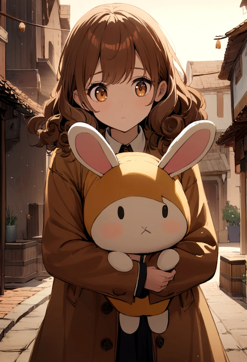 1 woman, honey eyes, brown curly hair, looking to the horizon, hiding face behind bunny plushie
