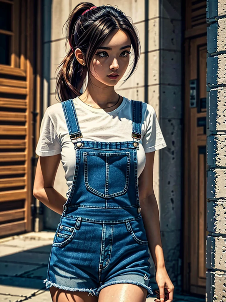 a photo of pho3b3cat3s, beautiful woman, ((24 years old)), street, tshirt, denim overalls, 1980s, retro, long wavy dark hair ponytail, (masterpiece), (extremely detailed CG unity 8k wallpaper), Intricate, ((photorealistic)),