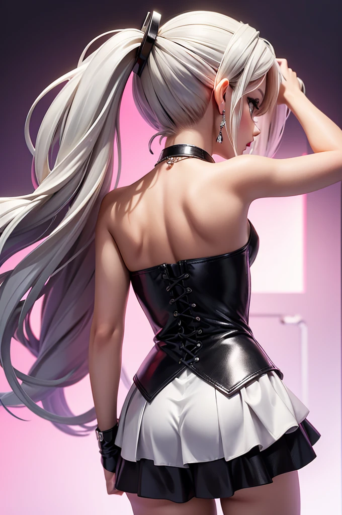 (view from behind) (view from below) (nightclub) hyperrealistic 14 year old american , blonde, perfect tiny body, sexy, dark makeup, small choker, perfect slim face, big red lips, very cute face, tiny body, big eyes, young looking, childish looking, big earrings, silver party top, silver party skirt, showing ass