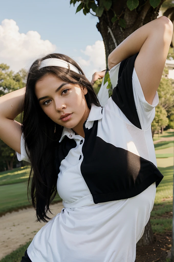 sexy white girl, black hair, at golf
