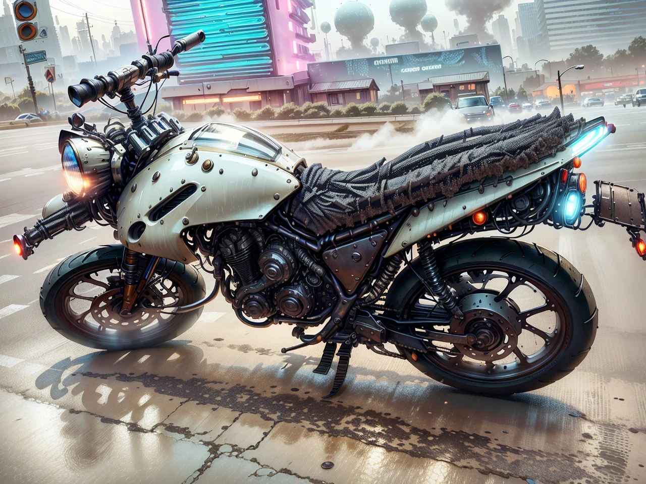 Imagine a futuristic city at night, shrouded in cosmic dust, while a motorcyclist on his vintage motorcycle cuts through the scenery. Capture every detail of the bike, from the glow of the powerful engine to the reflections of city lights, all in a high-resolution HDR image