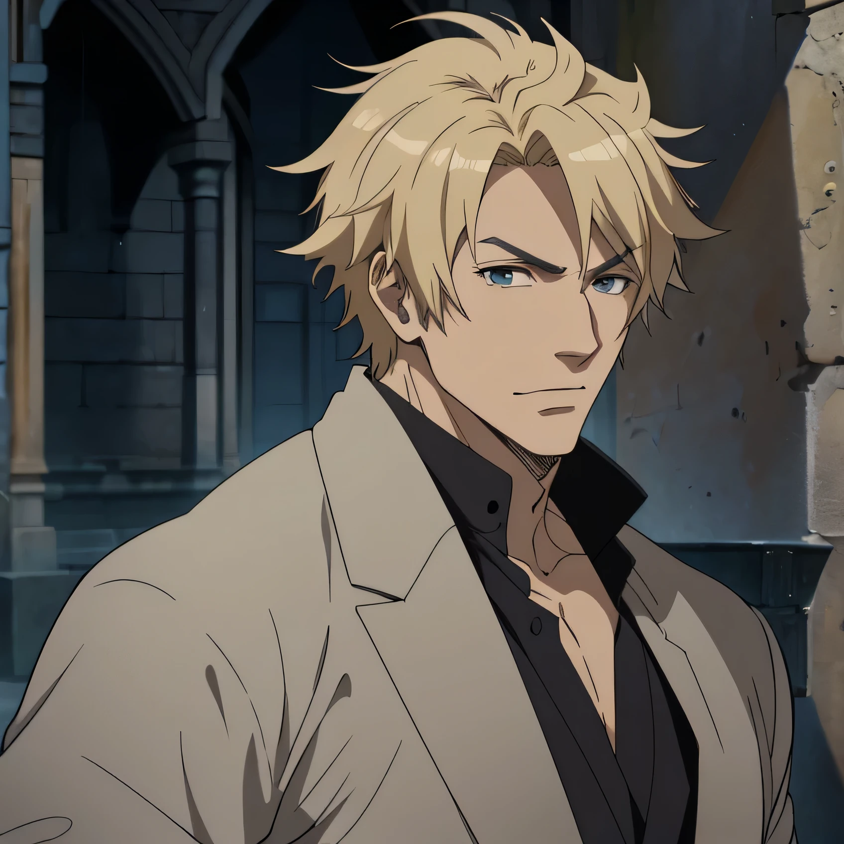 (masterpiece, best quality:1.2), 1man, solo, bara, muscular male, portrait, medieval streets background, male focus, bleach style, looking at viewer, handsome, portrait of a man, wearing semi-formal medieval clothes