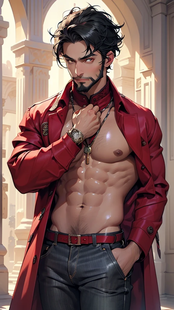 (man:1.5),1 man,male, muscle, 1boy, muscle, pectoral, muscular, Mature man,45 year,1 man,macho man,an extremely detailed face,((black hair,intricate cut hair,black hair,nice hair style)),(((black very short beard, black very short beard))), (((red_eyes:1.3))),intricate eyes,beautiful detailed eyes,symmetrical eyes,thicc, ((detailed face)),macho man,
(male arab prince),prince,
(((lustrous skin:1.5,tanned skin,bright skin: 1.5,skin tanned,shiny skin,very shiny skin,shiny body))),powerful,heroic,nsfw,
(open coat, arabian fashion,arabian coat, jeans,white shirt, masculine features, modern style,arabian clothes),(((dark red coat, dark red coat outfit, wearing a dark red coat:1.3,arabian dark bred coat))),(arabian jewelry,intricate necklace),((bulge in pants)),(((intricate outfit,intricate clothes,ornate outfit))),
(dynamic pose:1.0),looking at viewer,smug,(masculine attitude),(centered,scale to fit dimensions,Rule of thirds),
indoors,(huge columns of an Arab palace,arab palace,arab palace background),scenery,extremely scenery,arab style,
(Glossy winter ornaments),highres,sharp focus,(ultra detailed,extremely detailed),(photorealistic artwork:1.37),(extremely detailed CG unity 8k wallpaper),(((vibrant colors,vibrant theme))),(intricate),(masterpiece),(best quality),artistic photography,(photography taken by sldr),(intricate background),perfect rendered face,perfect face details,realistic face,photo realistic,((intricate detail)),(((realism))),