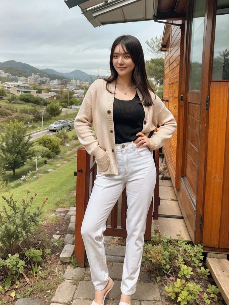 rie,One Woman,(best quality), (ultra detailed), (absolutely resolution),Face is front, 32 years old, Standing on one leg, Cardigan and wide pants, The color of the clothes is brown, The clothes are plain, Blonde, smile, Flower-filled hills on the plateau
