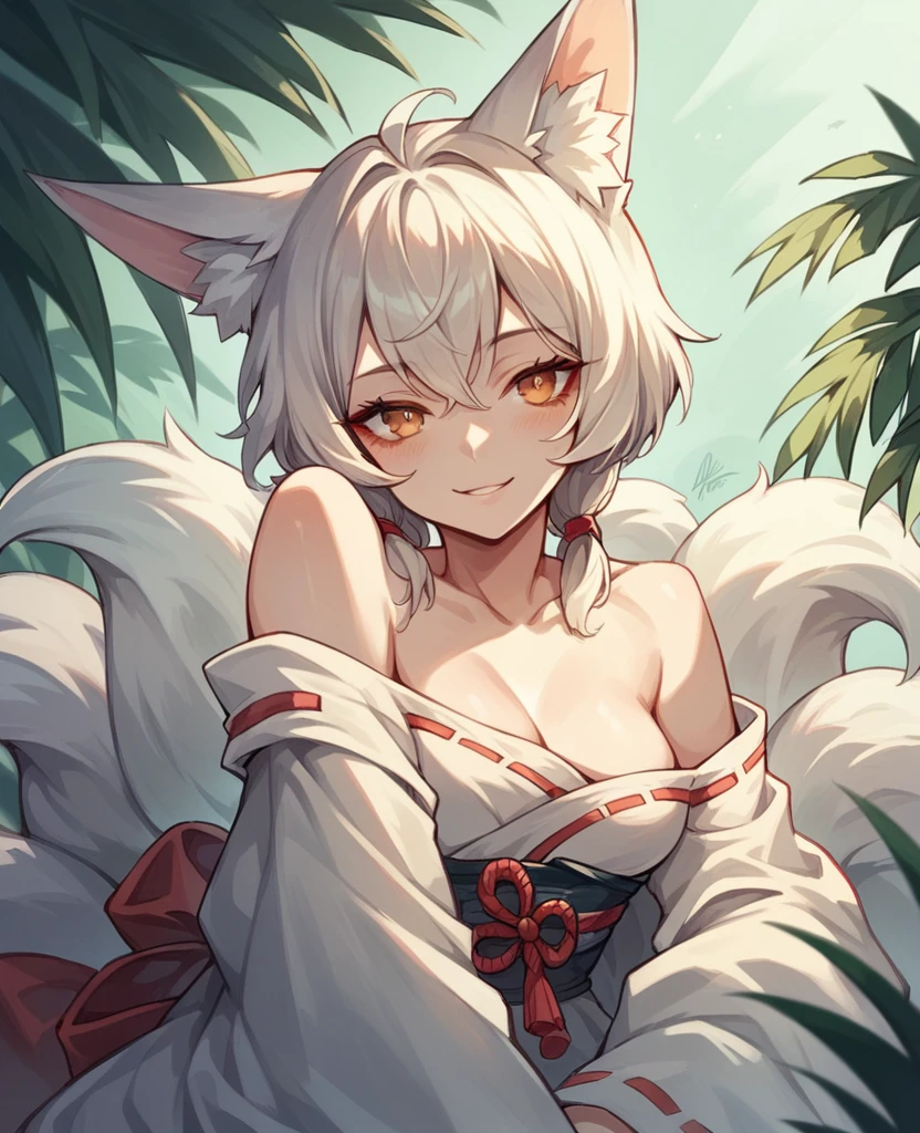 Anime girl, off shoulder robes, nine tails, fox ears, alluring aura, resting her head on her palm with a cheeky smile