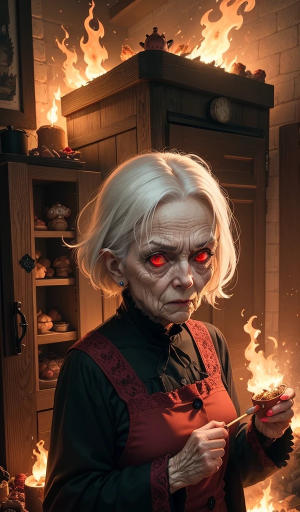 (Anime style, highly detailed), one sinister and creepy old woman with white hair and red eyes burning in flames. Vibrant flames defeating the evil force in the dark and twisted interior of the candy house. Ominous atmosphere with fire lighting, walls made of gingerbread and candy with sweets and treats all around.