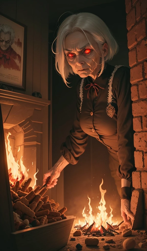 (Anime style, highly detailed), one sinister and creepy old woman with white hair and red eyes burning in flames. Vibrant flames defeating the evil force in the dark and twisted interior of the candy house. Ominous atmosphere with fire lighting, walls made of gingerbread and candy with sweets and treats all around.