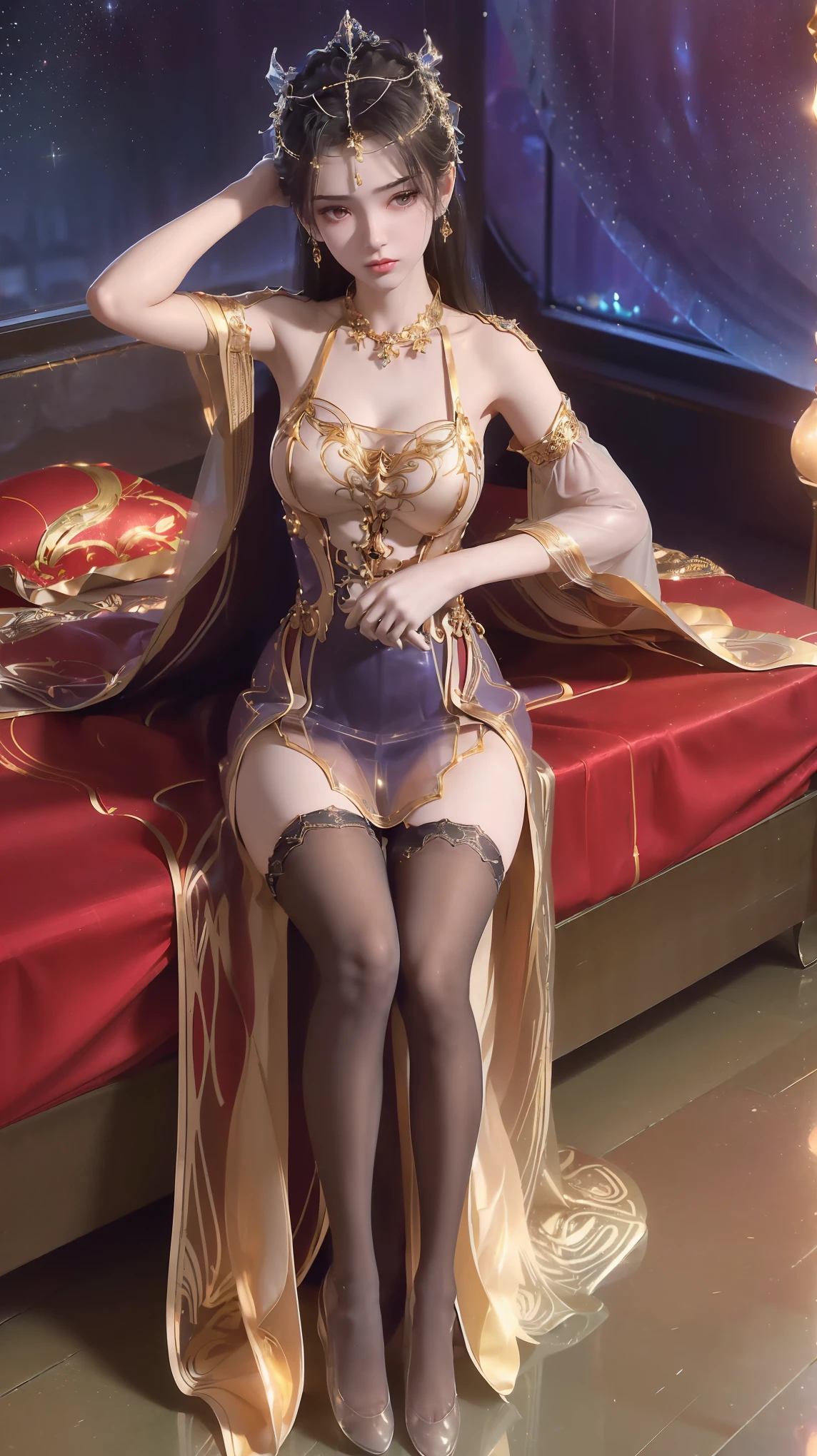 (((1 girl)),Ray tracing,(Dim Lights),[Detailed background (bedroom)),((Slim Girl))) Starry sky background,((((Girls wear dresses, With transparent stockings), Show off your exquisite figure and graceful curves, correct limbs, Sitting on the bed,Put your hands behind your head, Put your hands behind your head