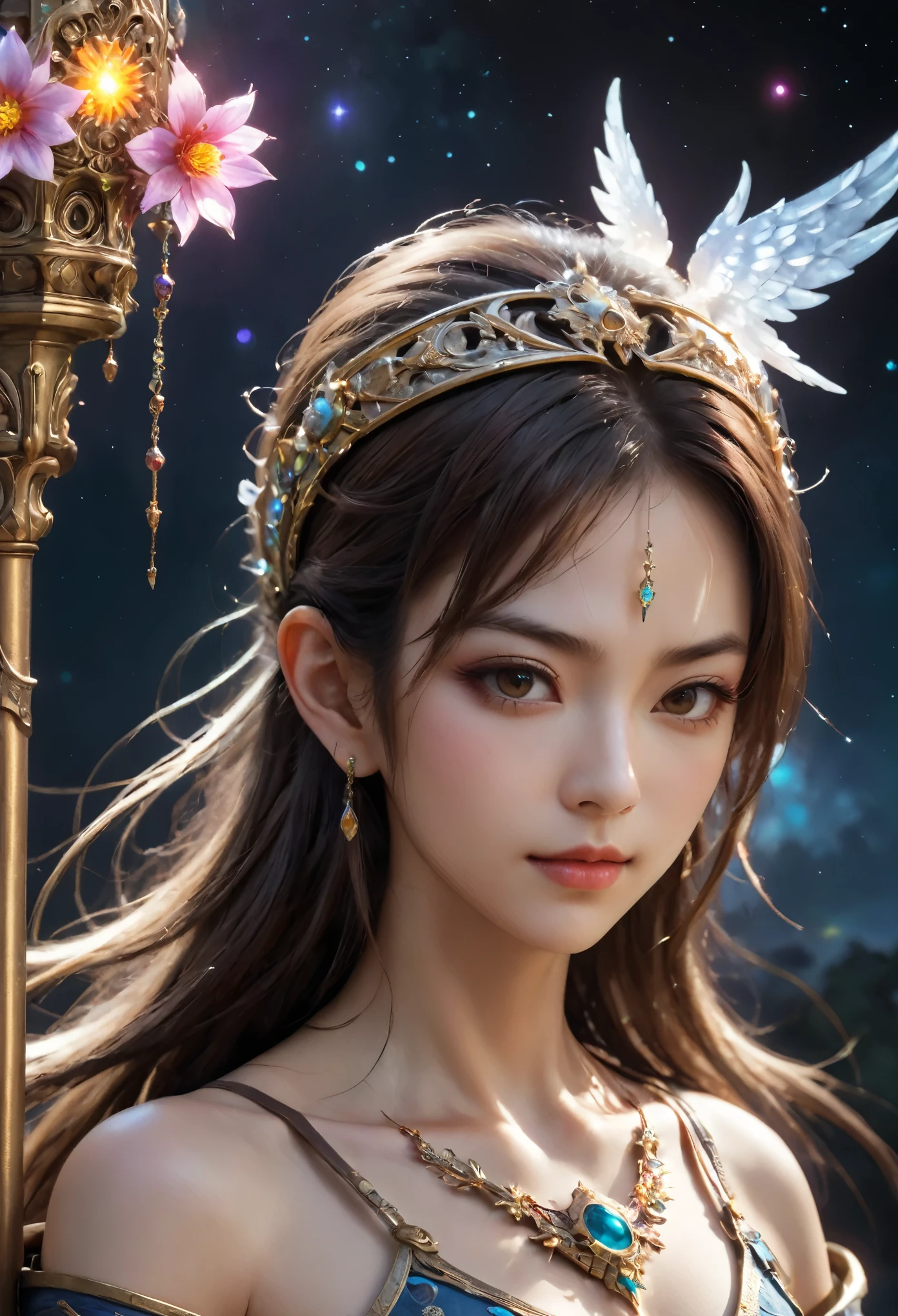 8K resolution, masterpiece, Highest quality, Award-winning works, unrealistic, final fantasy, Royal Jewel,Photorealistic Painting by Midjourney and Greg Rutkowski, , elegant, Very detailed, Delicate depiction of hair, miniature painting, Digital Painting, Art Station, Concept Art, Smooth, Sharp focus, shape, nature, Clear shadows, Asura, God of War, Castle in the Sky, A strip of light pouring down from the sky, A pillar of light stretching to the sky, Complex colors, Buddhist Mandala, Colorful magic circle, flash, Mysterious Background, Aura, A gentle gaze, BREAK, Small faint lights and flying fireflies, night, Starry Sky, milky way, nebula, shooting star, Flowers, birds, wind and moon,erotic, sole sexy lady, healthy shaped body, Anatomically accurate skeleton, 22 years old lady, Asura, 170cm tall, huge firm bouncing busts, Holy sword in both hands, Complicated armor, Brightly colored armor