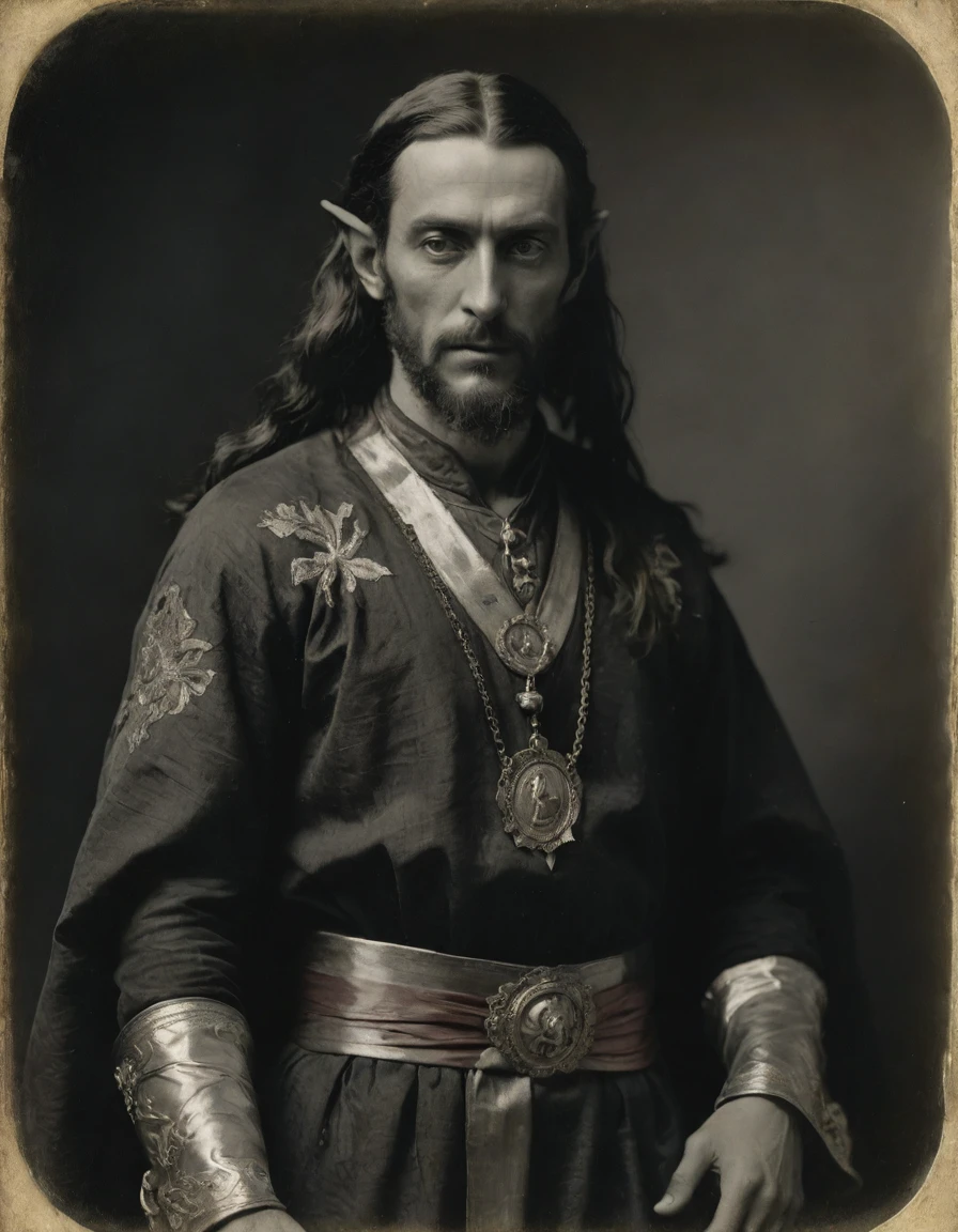 by Théodore Géricault, ((((Rough monochrome, daguerreotype)))), the composition is: (((male high elf, bronze skin, red eyes, elven ears, Byzantine beard, long hair, he is wearing a caftan with Hanfu elements, sashes, medals, pendants))).