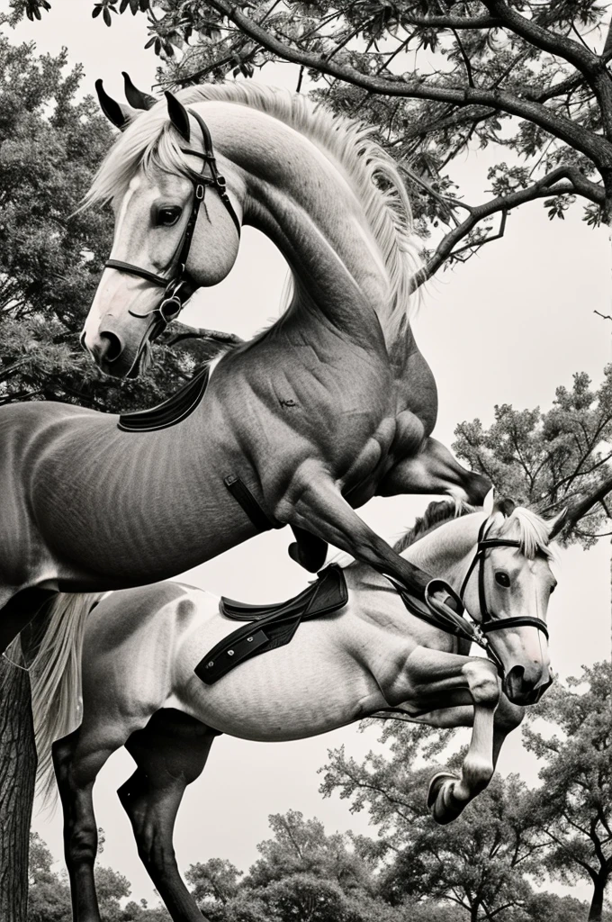 drawing, simple, horse on tree branch, 4 legs on branch, Black Horse, white spot on face