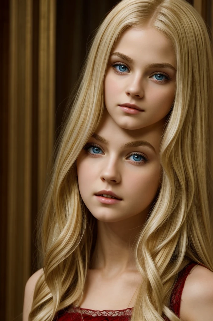 Beautiful blonde girl identical to Jane Volturi from Twilight with red pupils