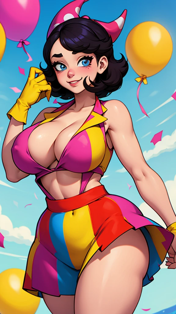 Clown woman, curvy, globos, confeti