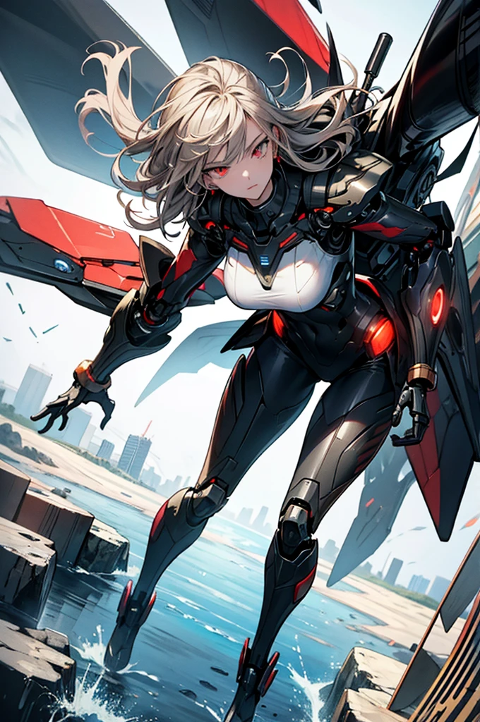 full body shot, High angle, best quality, extremely detailed, 8K, focus on background, dystopian society, manga, anime, watercolor, steampunk, masterpiece, a woman, solo, single mechanical arm, two energy weapons, robot suit, humanoid robot, half-up, beautiful red eyes, pensive, mesh, cool, looking at the camera, gold piercing,
