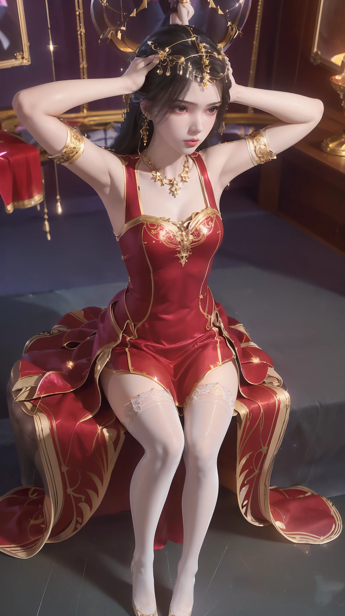(((1 girl)),Ray tracing,(Dim Lights),[Detailed background (bedroom)),((Slim Girl))) Starry sky background,((((Girls wear dresses, With transparent stockings), Show off your exquisite figure and graceful curves, correct limbs, Sitting on the bed,Put your hands behind your head, Put your hands behind your head