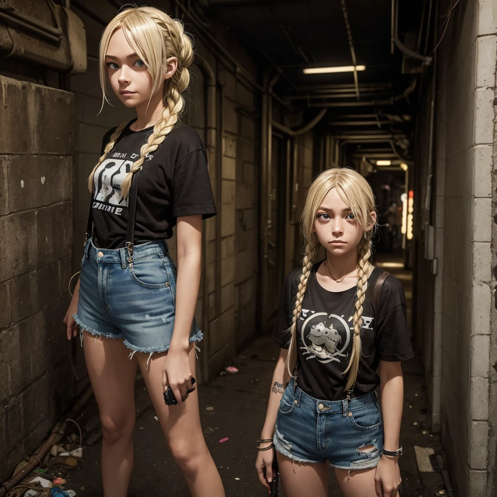 girl similar to gorillaz noodles, braided blonde hair, ((anime girl nose)), holding a shotgun, black t-shirt, brown suspenders, denim shorts, taking shelter in the city's sewer, rats and trash are part of the cyberpunk scene, theme and city.