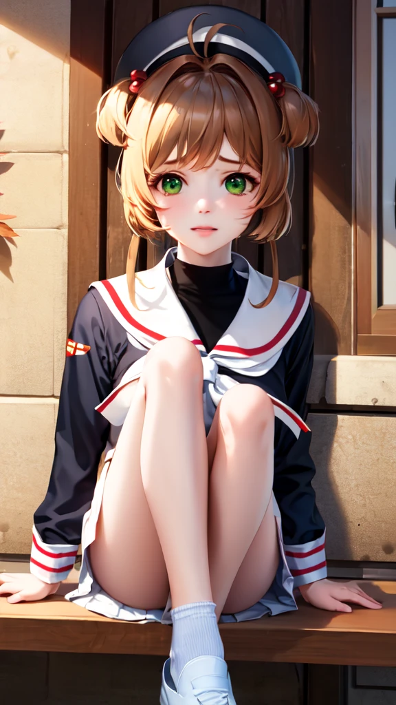 masterpiece, best quality, highres, kinomoto sakura, 1girl, brown hair, short hair, antenna hair, two side up, hair bobbles, green eyes, , white sailor collar, black shirt, long sleeves, white skirt, pleated skirt, sitting, eating, outdoors, bench, food, leaf, (masterpiece, best quality: 1.2),(very detailed face, real image, realistic skin, realistic body, intricate details),1 woman, Kinomoto Sakura, brown hair, alone, skirt, green eyes, Short hair, have, white skirt, white hat, Magic Girl, Antenna hair, laugh, serafuku, pleated skirt, dehisce, looking at viewer, cowboy shot, long sleeves, star (symbol), muffler, lie down in bed with both arms extended above the head and placed behind the pillow, anime girl lying down, expose plump breasts, whole body, plump thighs, Natural Pose, beautifully, cute, Fix errors without any awkwardness, tall, I have long legs, Wearing (tomoeda_초등school_school_Uniform),black top, tennis mini skirt,cry in shame, wearing white ankle socks, random sexy poses