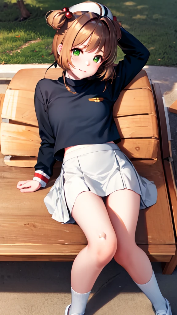 masterpiece, best quality, highres, kinomoto sakura, 1girl, brown hair, short hair, antenna hair, two side up, hair bobbles, green eyes, , white sailor collar, black shirt, long sleeves, white skirt, pleated skirt, sitting, eating, outdoors, bench, food, leaf, (masterpiece, best quality: 1.2),(very detailed face, real image, realistic skin, realistic body, intricate details),1 woman, Kinomoto Sakura, brown hair, alone, skirt, green eyes, Short hair, have, white skirt, white hat, Magic Girl, Antenna hair, laugh, serafuku, pleated skirt, dehisce, looking at viewer, cowboy shot, long sleeves, star (symbol), muffler, lie down in bed with both arms extended above the head and placed behind the pillow, anime girl lying down, expose plump breasts, whole body, plump thighs, Natural Pose, beautifully, cute, Fix errors without any awkwardness, tall, I have long legs, Wearing (tomoeda_초등school_school_Uniform),black top, tennis mini skirt,cry in shame, wearing white ankle socks, random sexy poses