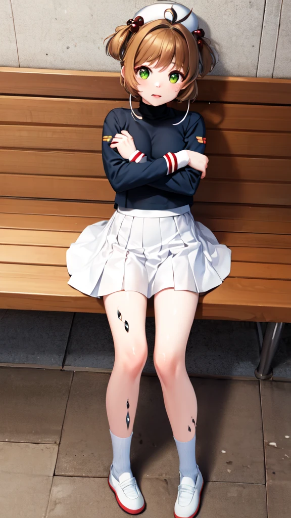 masterpiece, best quality, highres, kinomoto sakura, 1girl, brown hair, short hair, antenna hair, two side up, hair bobbles, green eyes, , white sailor collar, black shirt, long sleeves, white skirt, pleated skirt, sitting, eating, outdoors, bench, food, leaf, (masterpiece, best quality: 1.2),(very detailed face, real image, realistic skin, realistic body, intricate details),1 woman, Kinomoto Sakura, brown hair, alone, skirt, green eyes, Short hair, have, white skirt, white hat, Magic Girl, Antenna hair, laugh, serafuku, pleated skirt, dehisce, looking at viewer, cowboy shot, long sleeves, star (symbol), muffler, lie down in bed with both arms extended above the head and placed behind the pillow, anime girl lying down, expose plump breasts, whole body, plump thighs, Natural Pose, beautifully, cute, Fix errors without any awkwardness, tall, I have long legs, Wearing (tomoeda_초등school_school_Uniform),black top, tennis mini skirt,cry in shame, wearing white ankle socks, random sexy poses