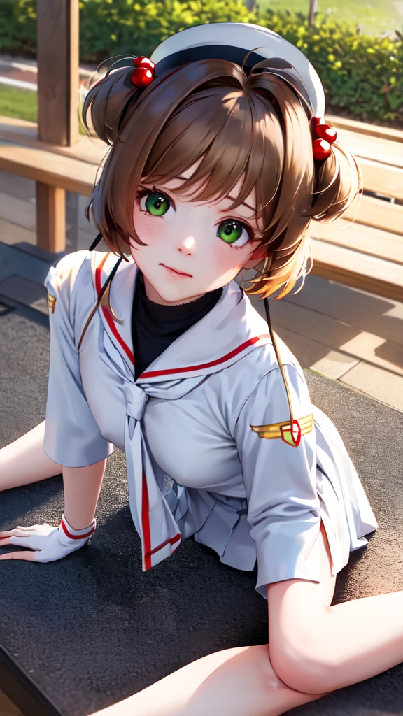 masterpiece, best quality, highres, kinomoto sakura, 1girl, brown hair, short hair, antenna hair, two side up, hair bobbles, green eyes, , white sailor collar, black shirt, long sleeves, white skirt, pleated skirt, sitting, eating, outdoors, bench, food, leaf, (masterpiece, best quality: 1.2),(very detailed face, real image, realistic skin, realistic body, intricate details),1 woman, Kinomoto Sakura, brown hair, alone, skirt, green eyes, Short hair, have, white skirt, white hat, Magic Girl, Antenna hair, laugh, serafuku, pleated skirt, dehisce, looking at viewer, cowboy shot, long sleeves, star (symbol), muffler, lie down in bed with both arms extended above the head and placed behind the pillow, anime girl lying down, expose plump breasts, whole body, plump thighs, Natural Pose, beautifully, cute, Fix errors without any awkwardness, tall, I have long legs, Wearing (tomoeda_초등school_school_Uniform),black top, tennis mini skirt,cry in shame, wearing white ankle socks, random sexy poses