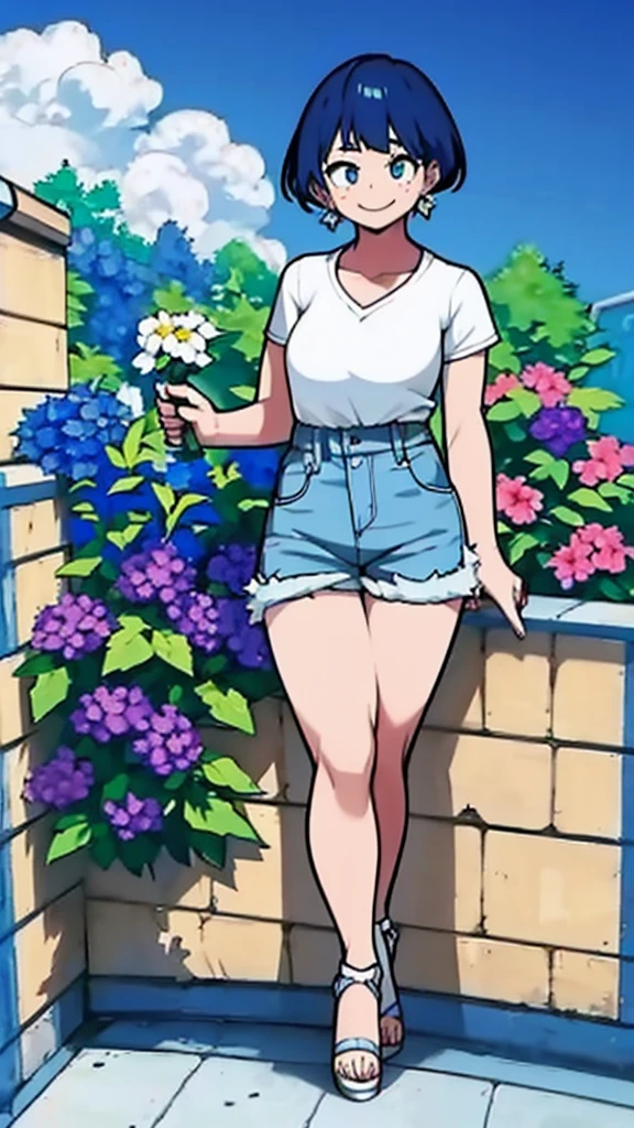 Girl, blue hair, blue eyes, short hair, flowers earrings, freckles, big , white t shirt, mini shorts, white high heels, thicc, standing smiling.