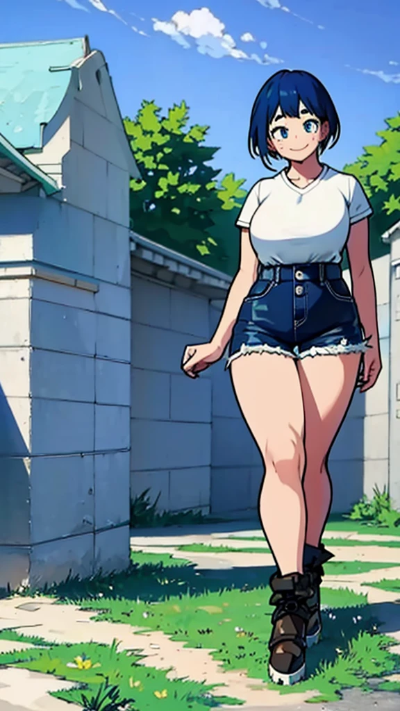 Girl, blue hair, blue eyes, short hair, flowers earrings, freckles, big , white t shirt, mini shorts, white high heels, thicc, standing smiling.