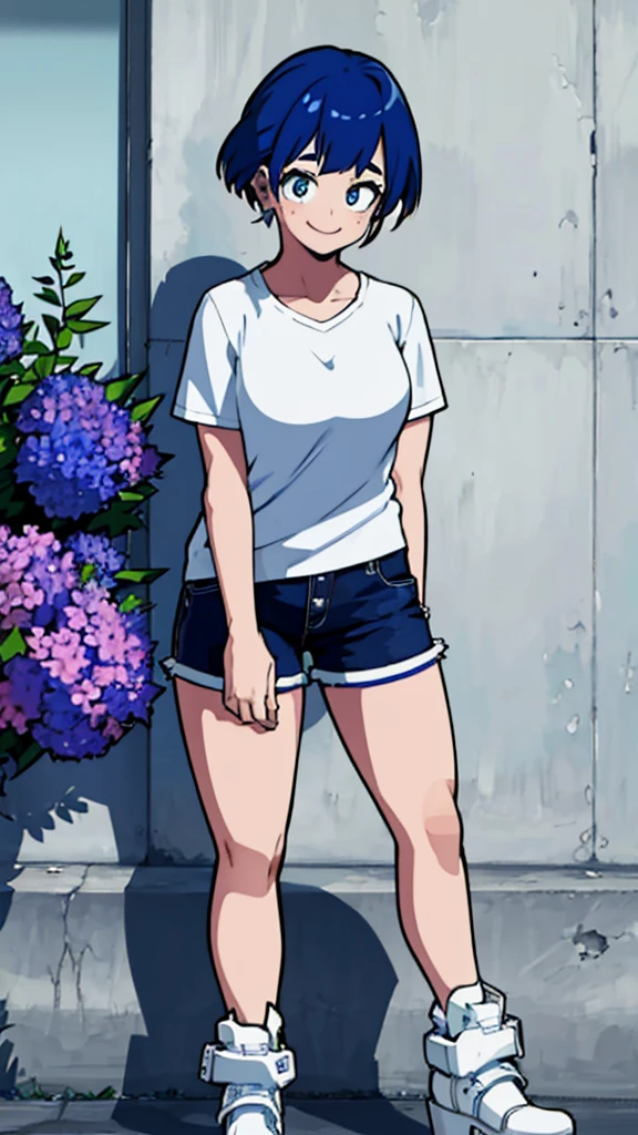 Girl, blue hair, blue eyes, short hair, flowers earrings, freckles, big , white t shirt, mini shorts, white high heels, thicc, standing smiling.